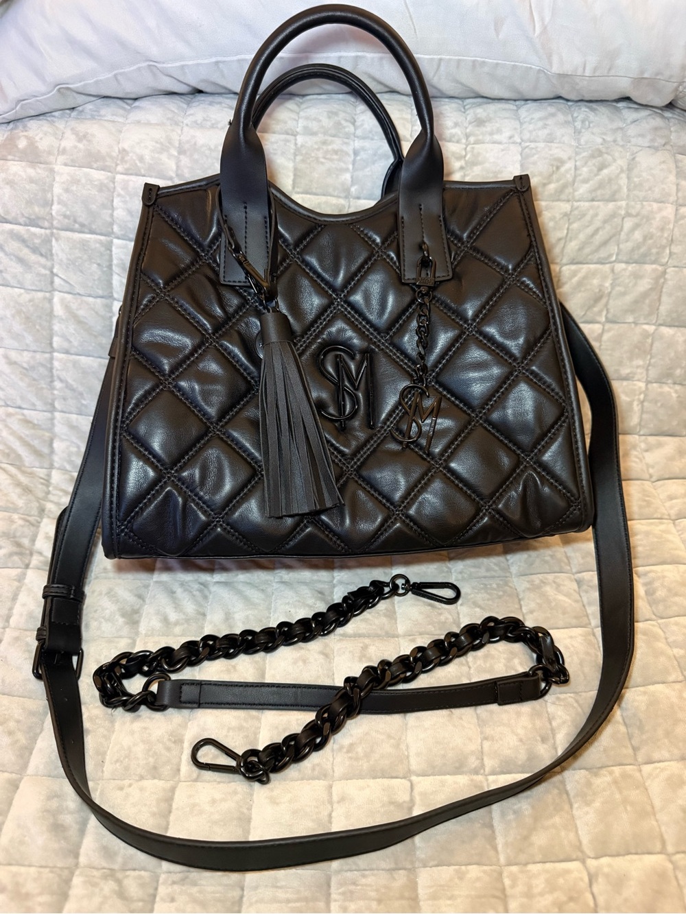 Steve Madden Black Quilted Satchel with Tassel Charm
